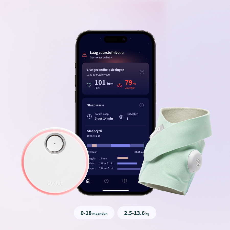 Owlet Dream Sock in Mint met basisstation en de Owlet Dream-app