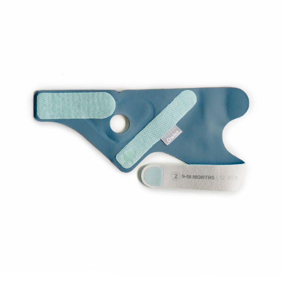 Stoffen sokje in Bedtime Blue, opengevouwen, met de maataanduiding